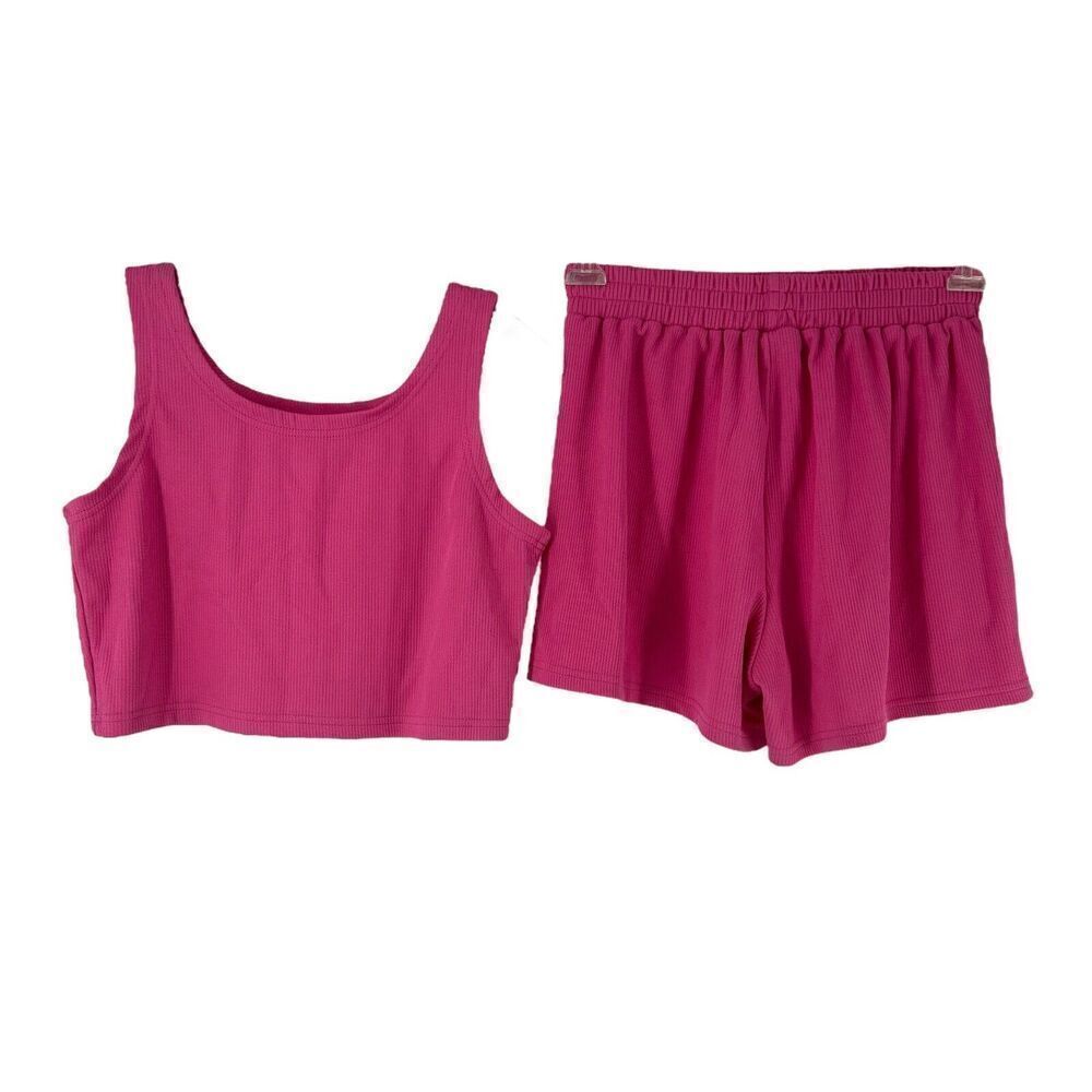 Ribbed Two Piece Outfit Pink Shorts Tank Sleeveless Scoop Neck Womens Size L